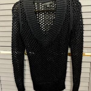 Express Women's Metallic Black Open-Knit V-Neck Sweater Size XS